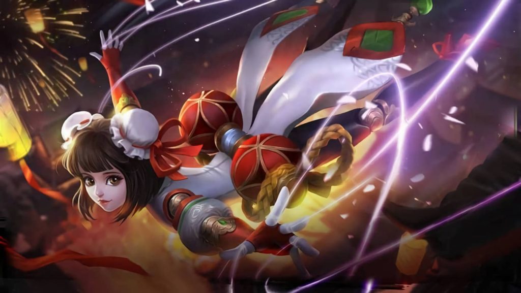 Mobile Legends Angela Heartstring skin wallpaper vibrant fireworks festive lighting digital art