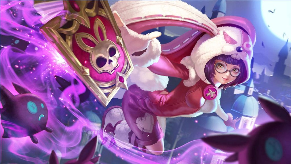Angela Mobile Legends Bunnylove skin wallpaper magical support hero purple energy skull puppet