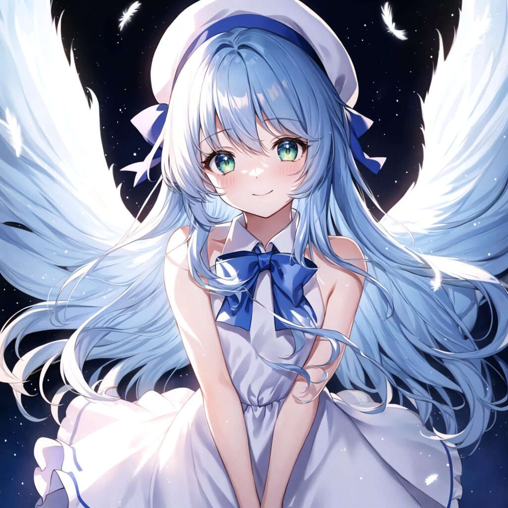 Anime Girl with Angelic Wings and Blue Hair - Serene Wallpaper
