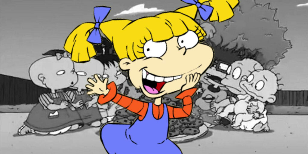 Angelica Pickles cheerfully in front of grayscale Rugrats babies sitting outdoors wallpaper background