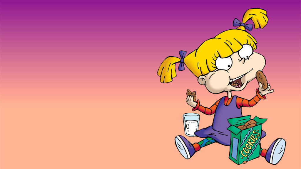 Angelica Pickles enjoying cookies with milk beside open cookie box on colorful gradient wallpaper