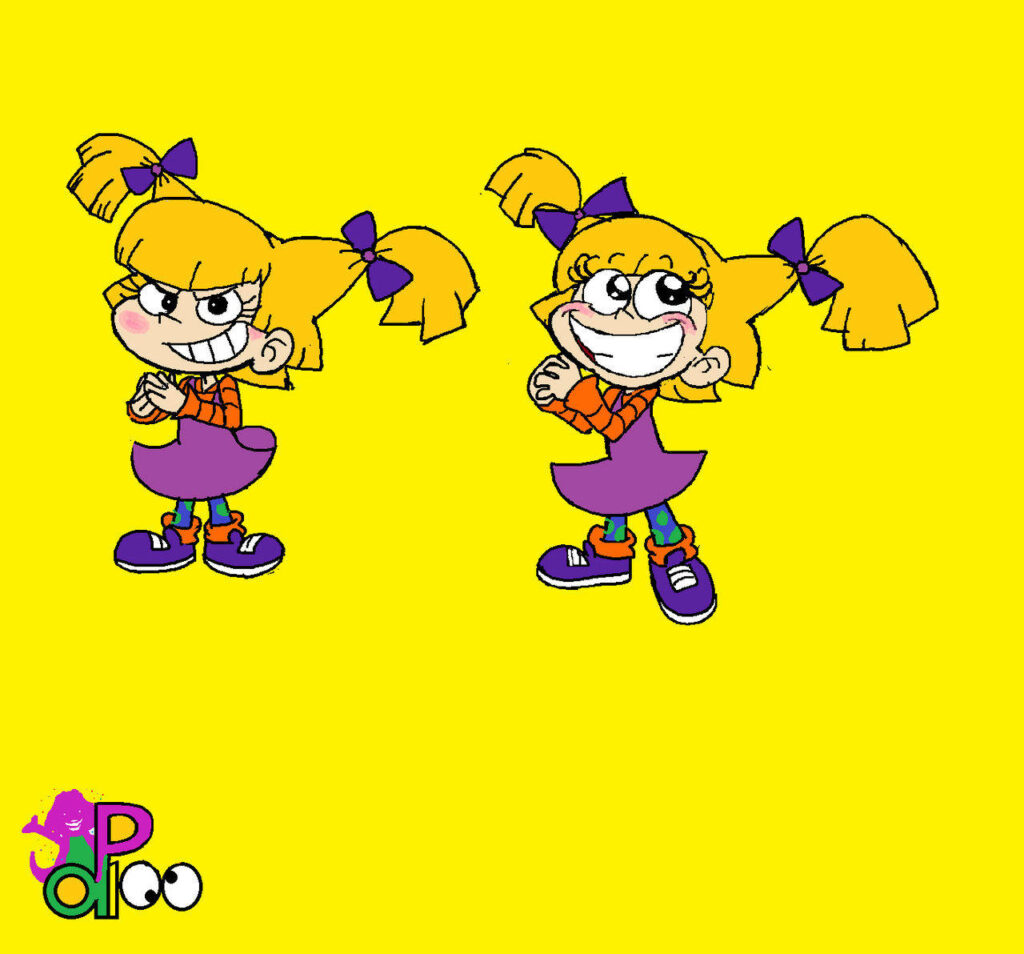 Angelica Pickles with evil grin standing confidently on bright yellow wallpaper background