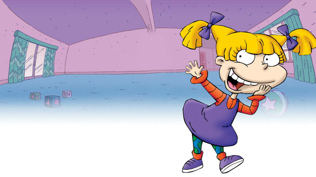 Angelica Pickles smiling in colorful playroom with scattered toys Rugrats character wallpaper background