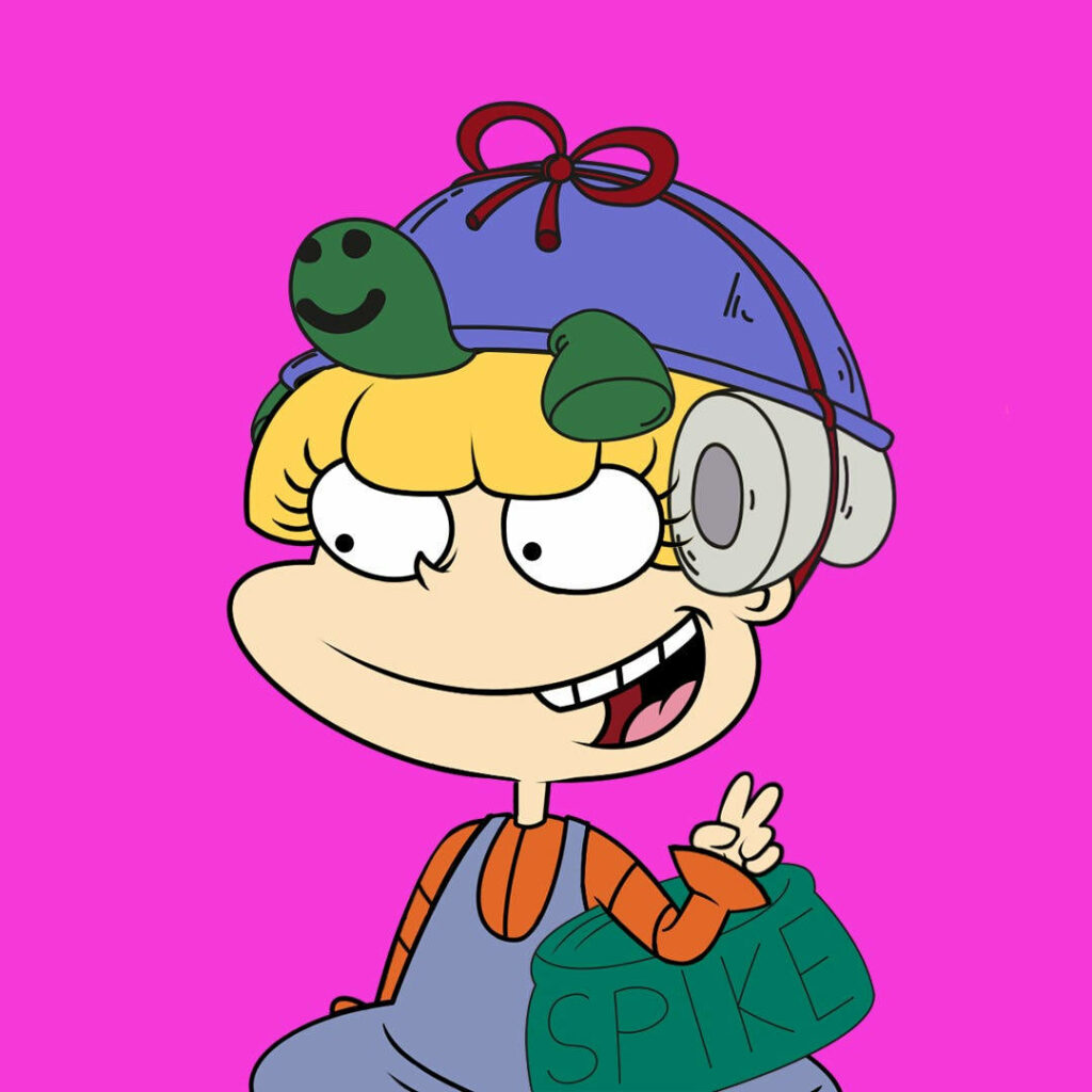 Angelica Pickles from Rugrats with quirky turtle cap and green Spike bag on pink wallpaper