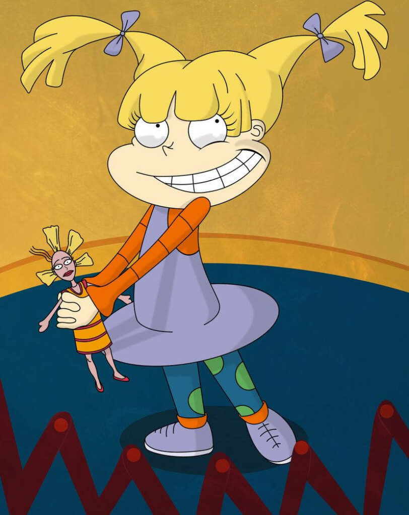 Angelica Pickles with doll smiling brightly in colorful playful Rugrats animation wallpaper