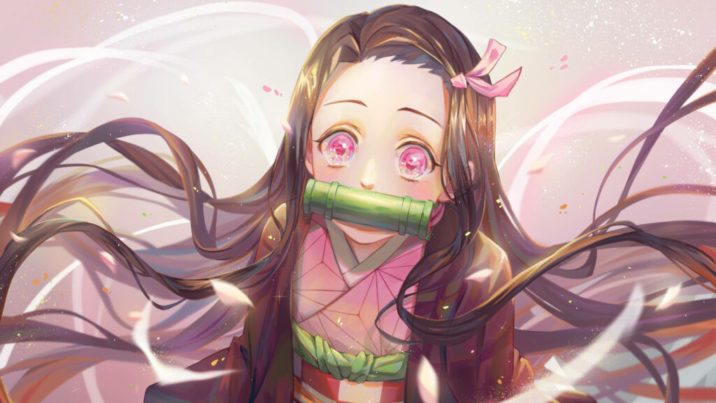 Nezuko Kamado Demon Slayer wallpaper with sparkling eyes flowing hair and whimsical petals background