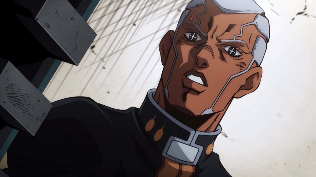 Angered Enrico Pucci close-up wallpaper JoJo Bizarre Adventure dark uniform white hair fierce face