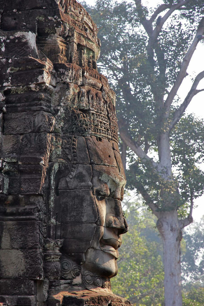 Ancient Angkor Wat stone face statue with morning mist and tall trees phone wallpaper background
