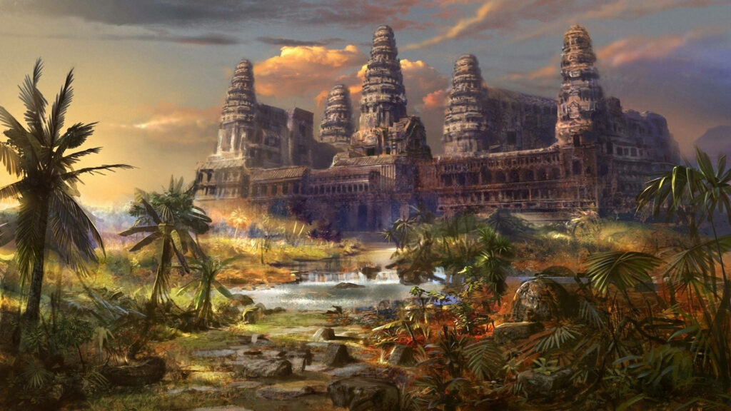 Angkor Wat vibrant artistic wallpaper with lush greenery palm trees serene waterway and dramatic sky