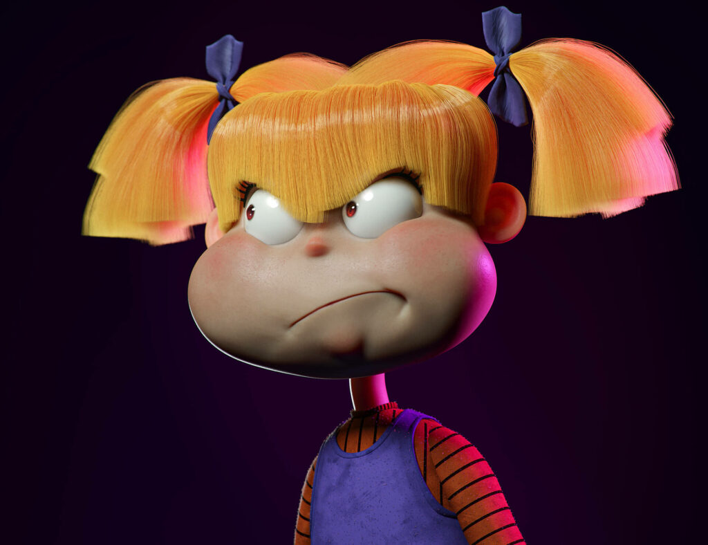 3D wallpaper of angry Angelica Pickles with blonde pigtails striped outfit Rugrats character