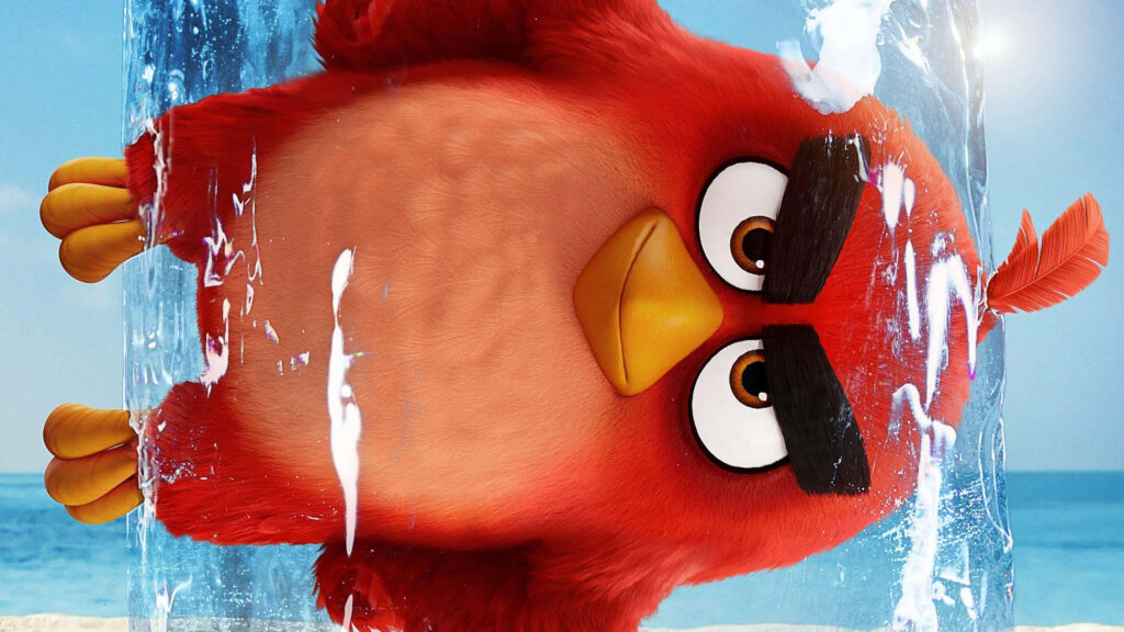 Angry Bird Red trapped in clear ice block vibrant playful background wallpaper image