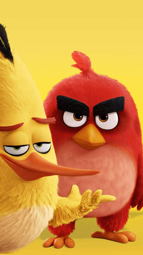 Angry Birds Red and Chuck on bright yellow background vibrant wallpaper with playful and serious mood