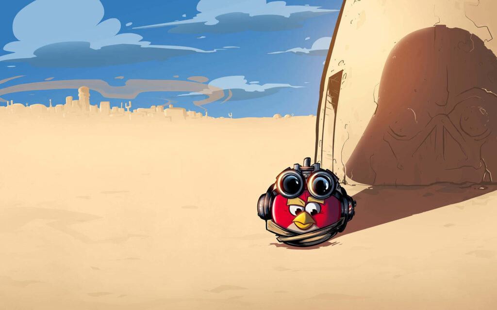 Angry Birds character as Star Wars hero in desert with blue sky and shadowed building background Wallpaper