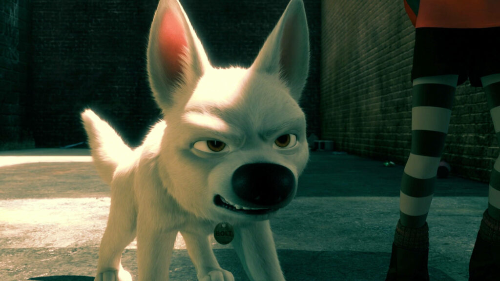 Angry Bolt from movie Bolt with fierce expression in dramatic alley 3D wallpaper background