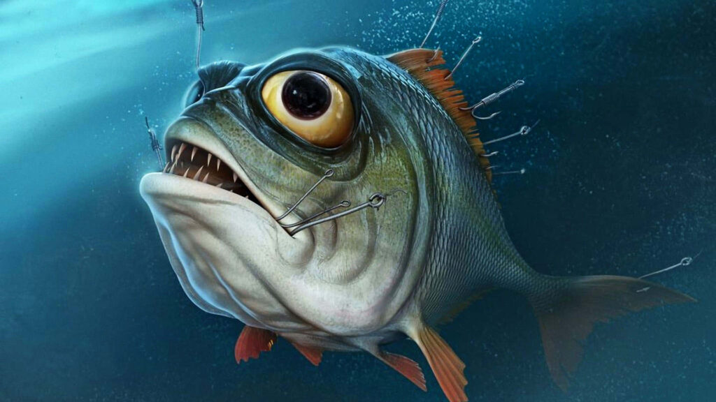 Whimsical Angry Fish Wallpaper with Safety Pins - Fun Underwater Scene