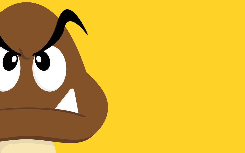 Minimalist angry Goomba close-up on vibrant yellow background Super Mario gaming wallpaper