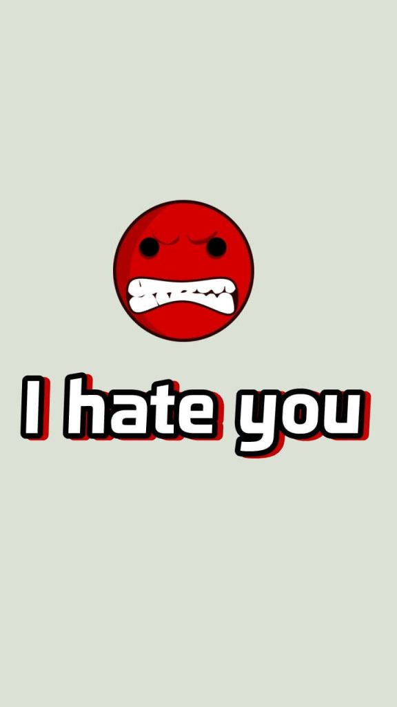 Minimalist angry red emoji with furrowed brow and I hate you text on light grey background Wallpaper