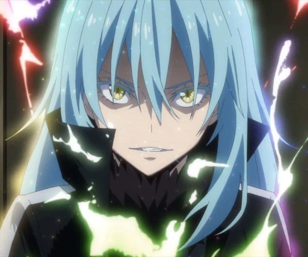 Angry Rimuru from That Time I Got Reincarnated as Slime with glowing intense aura wallpaper background