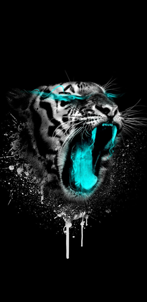 Neon Blue Angry Tiger Wallpaper on Dark Background - Bold Art