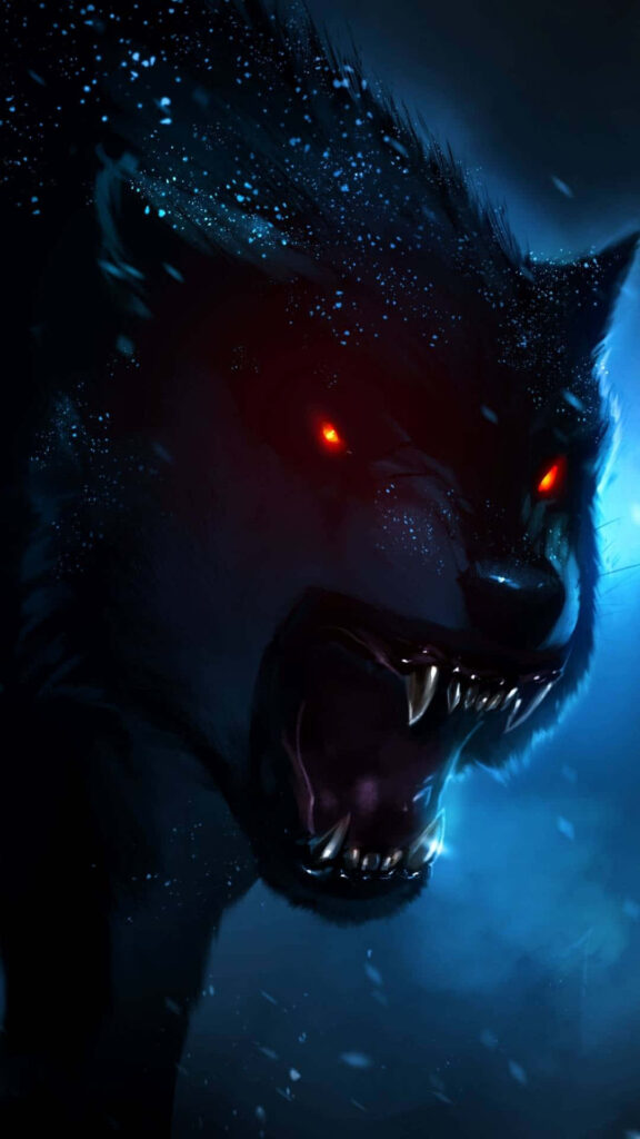 Intense Wolf Wallpaper: Glowing Red Eyes on Moody Blue Background