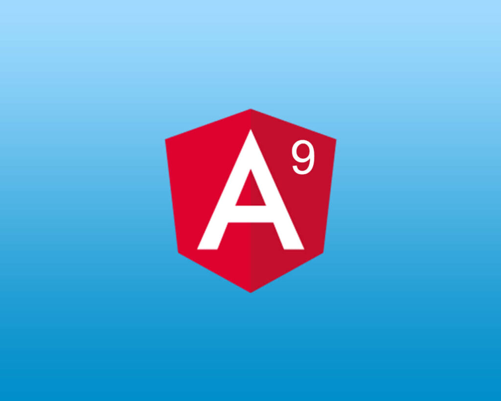Angular 9 wallpaper with official shield logo white A superscript 9 on blue gradient background