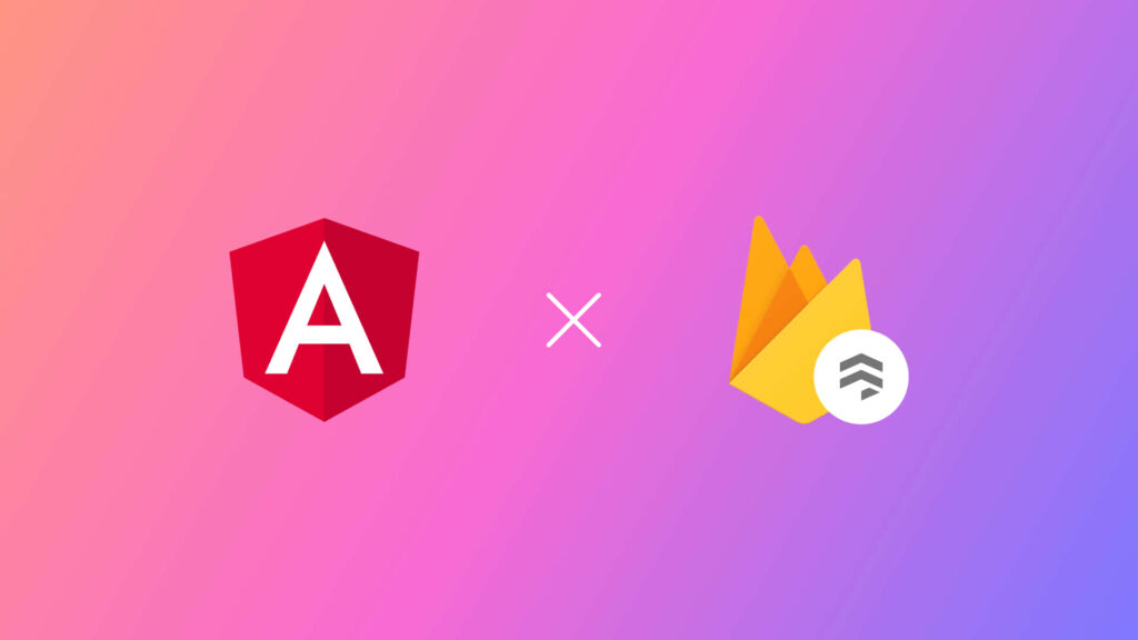 Angular Firebase and Cloud Firestore logos on pink purple gradient wallpaper for web development