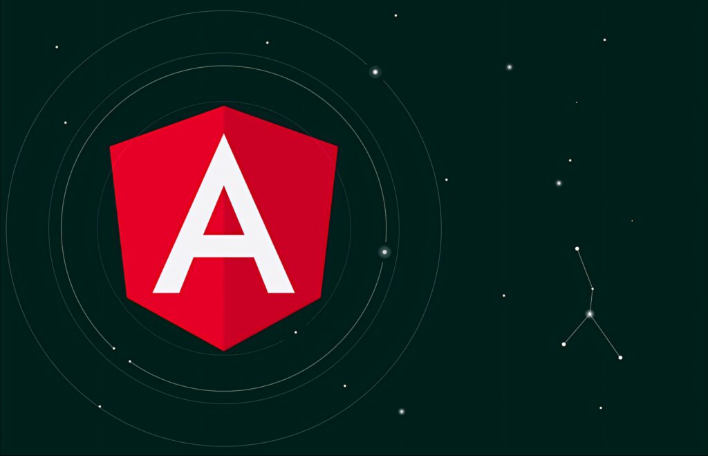 Angular logo on cosmic space wallpaper with stars and orbital lines technology theme background