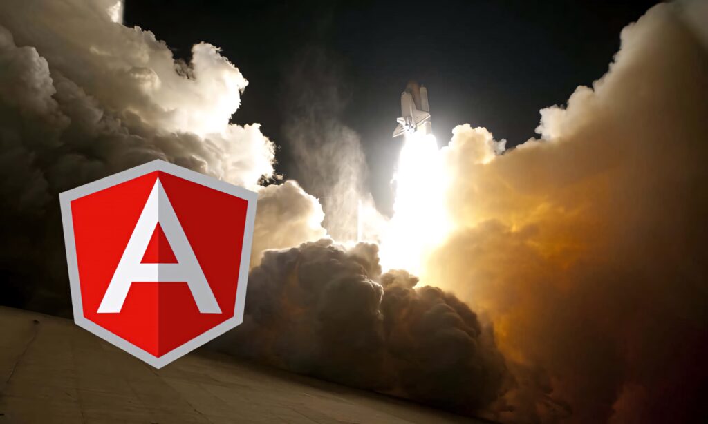 Angular logo with rocket launch background representing innovation and rapid development wallpaper