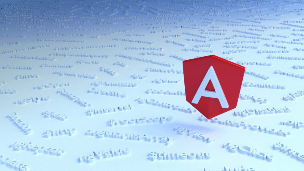 Angular Logo Wallpaper: Blue Gradient with Programming Keywords