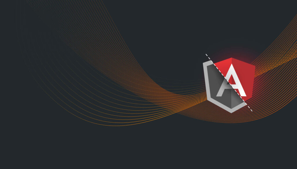 Angular logo on dark background with vibrant orange and yellow abstract wave lines wallpaper