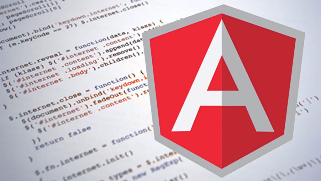 Angular logo on blurred code background web development wallpaper for programmers and developers