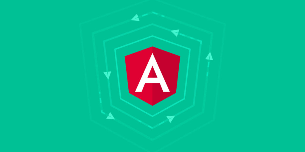 Angular logo with dynamic hexagonal lines and arrows symbolizing continuous deployment Wallpaper