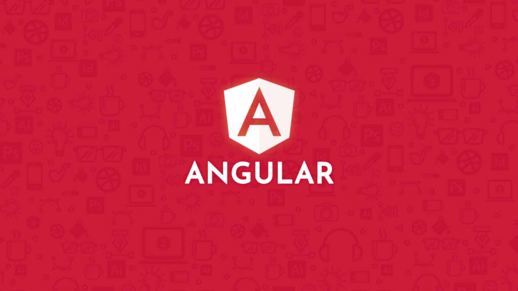 Angular logo centered on vibrant red background with faint web development icons wallpaper