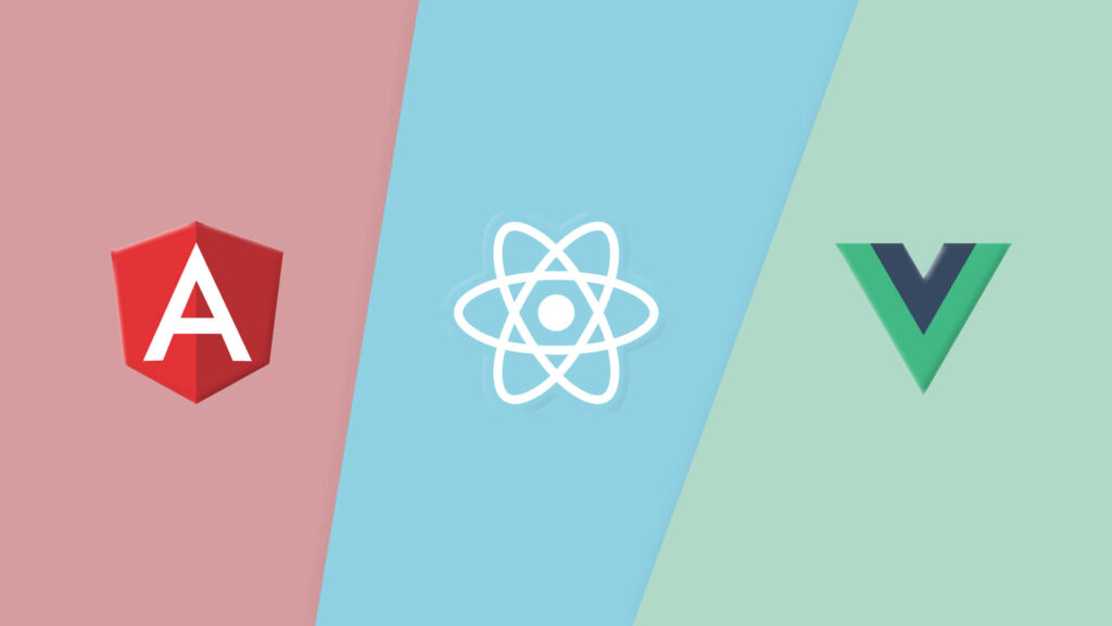 Angular Reactjs and Vuejs logos on diagonal color blocks representing top JavaScript frameworks Wallpaper