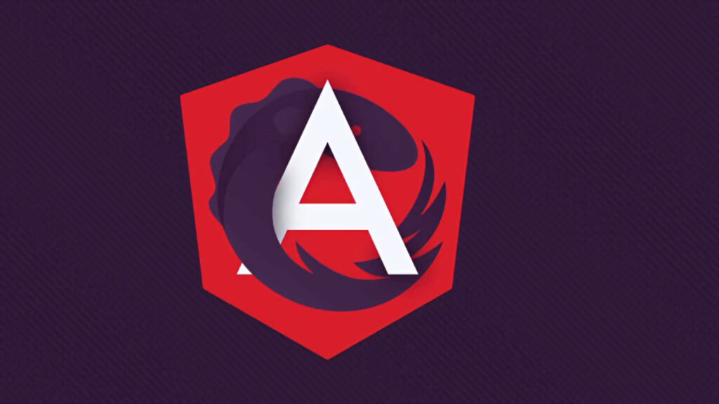 Angular and Ngrx Store logos merged on dark purple background symbolizing app integration Wallpaper