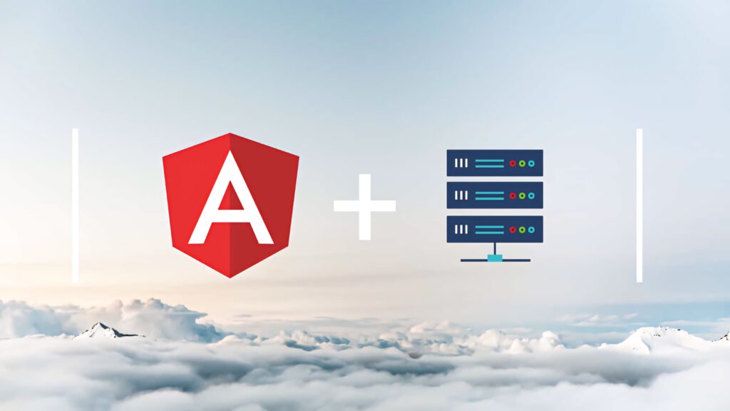 Angular logo with server icon over cloudscape symbolizing Angular cybersecurity integration Wallpaper