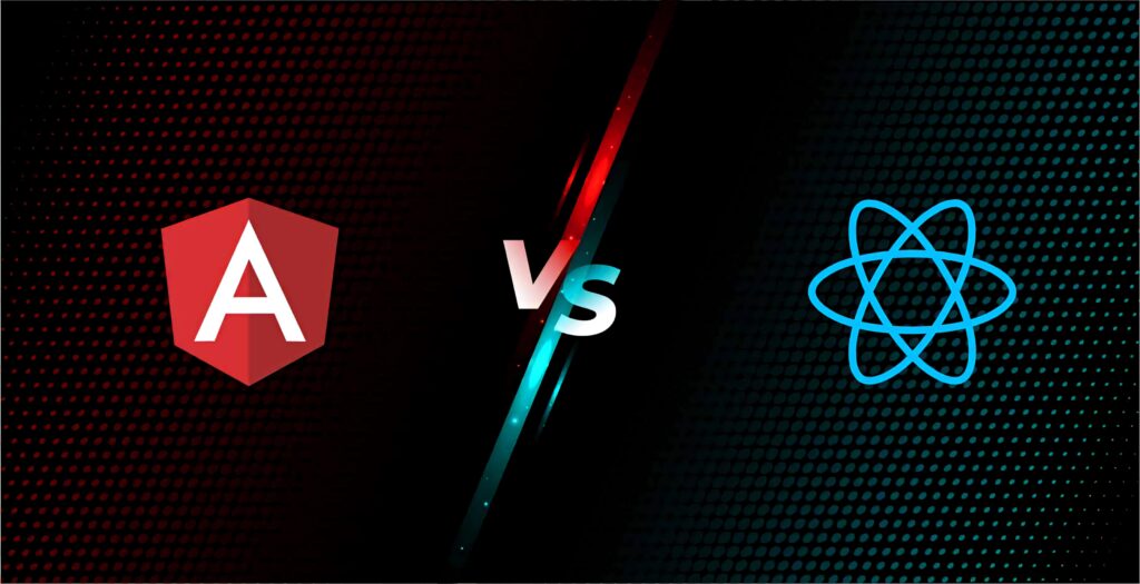 HD wallpaper showing Angular and React logos with vibrant colors split by diagonal line VS text