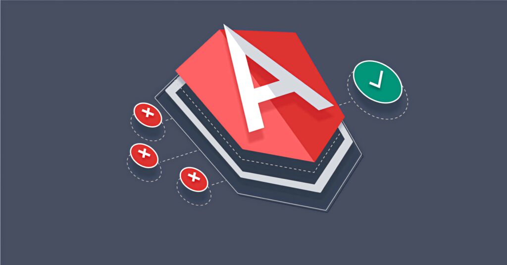 AngularJS logo centered on gray background with positive and negative tech icons wallpaper