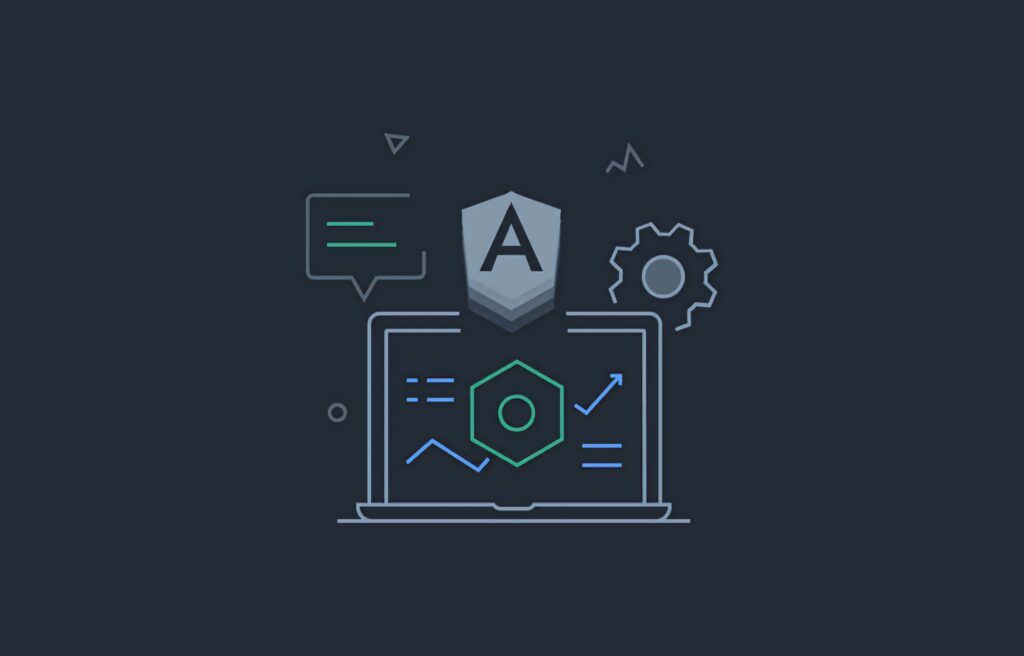 Modern Angular JS logo above laptop with coding icons on dark graphic design wallpaper background