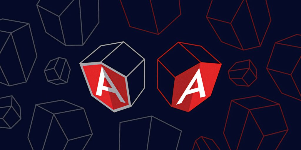3D cubes with AngularJS and Angular logos illustrating migration and modernization process wallpaper