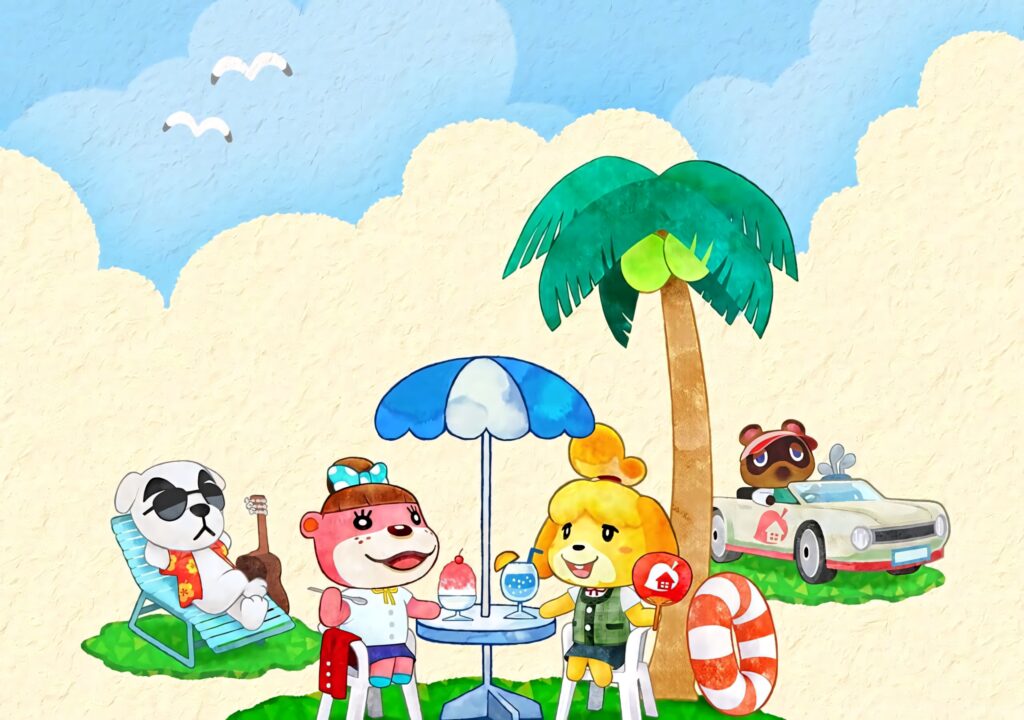 Animal Crossing New Horizons cheerful beachside villagers relaxing under palm tree sharing drinks Wallpaper