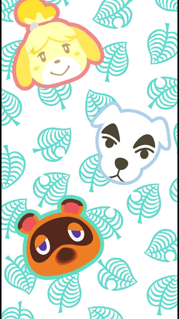 Animal Crossing New Horizons characters faces wallpaper with Isabelle K.K. Slider Tom Nook teal leaves