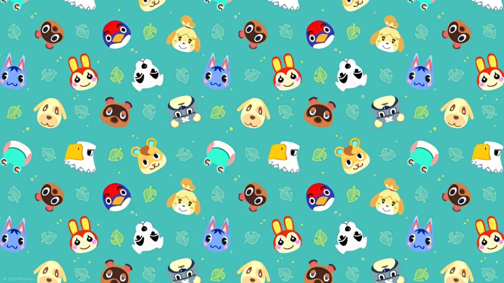 Animal Crossing New Horizons characters playful pattern teal leaf background wallpaper design