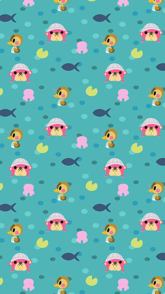 Animal Crossing New Horizons wallpaper with cute animal faces colorful fish and lily pads blue background