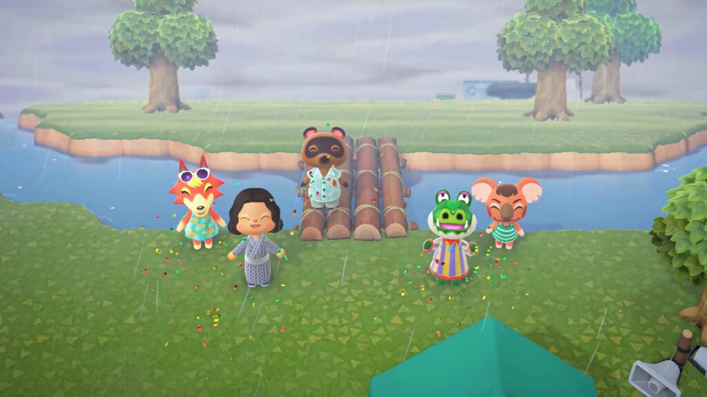 Animal Crossing New Horizons wallpaper cheerful villagers enjoying rainy day on lush riverside island