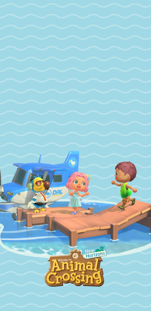 Animal Crossing New Horizons seaplane arrival with characters on dock relaxing island wallpaper