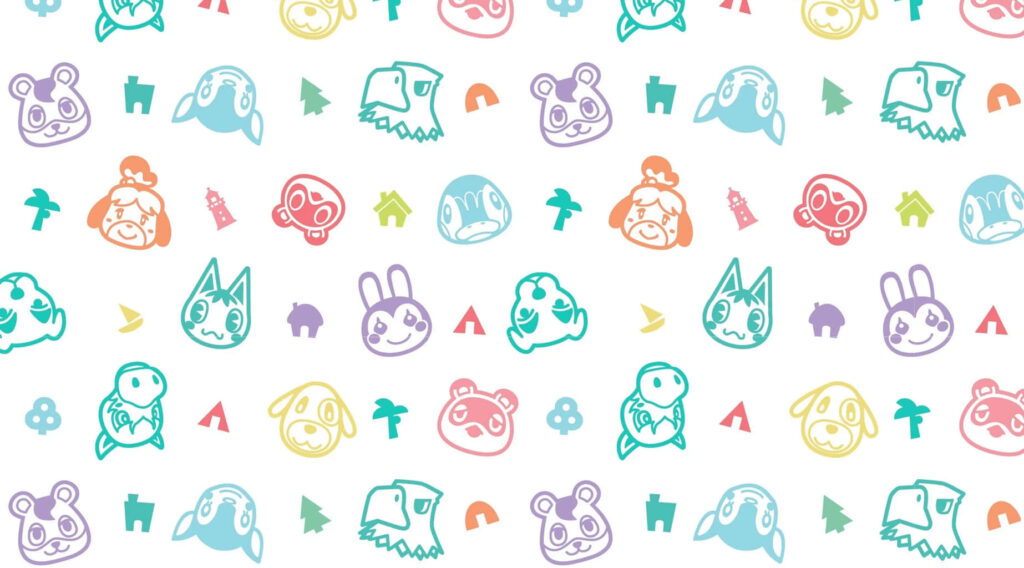 Animal Crossing New Horizons wallpaper with colorful line art of favorite villagers and symbols