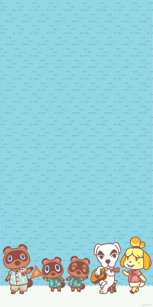 Animal Crossing New Horizons wallpaper with popular characters together on cheerful blue background