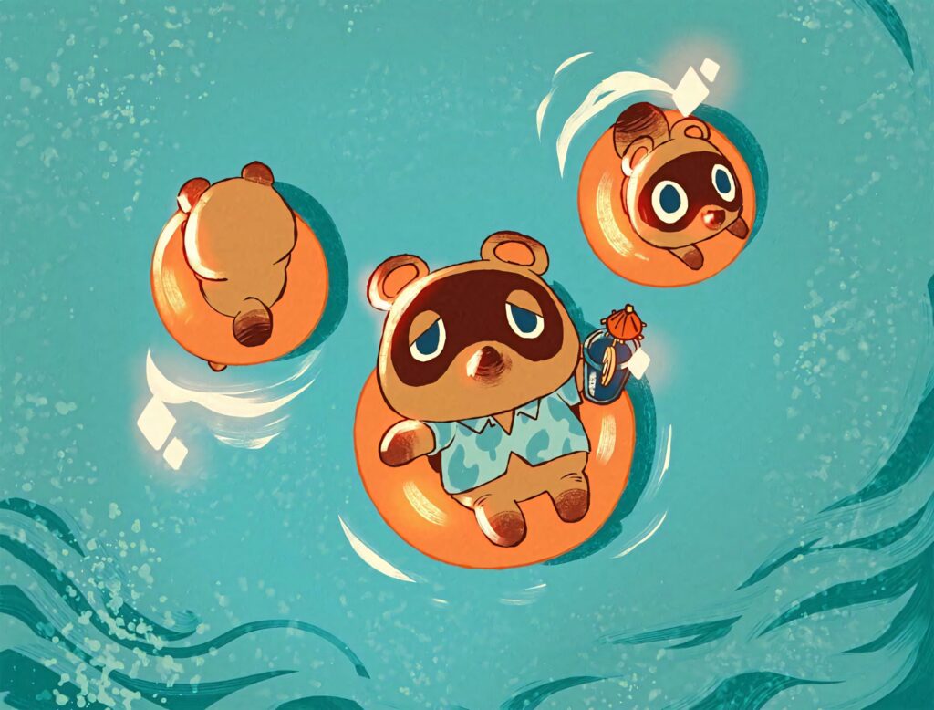 Animal Crossing Nook family floating on orange swim rings in sparkling blue pool summer wallpaper