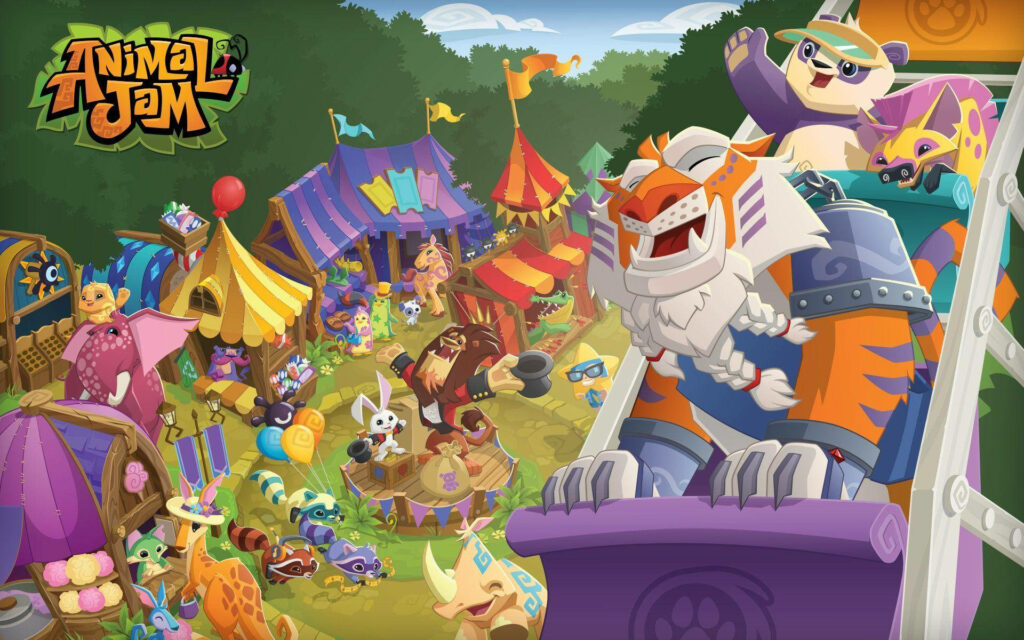 Vibrant Animal Jam circus wallpaper with colorful tents and playful costumed animals carnival fun